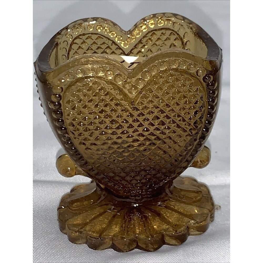 Vtg Diamond Point Heart Glass Toothpick Holder Brown Uranium UV Glow Green